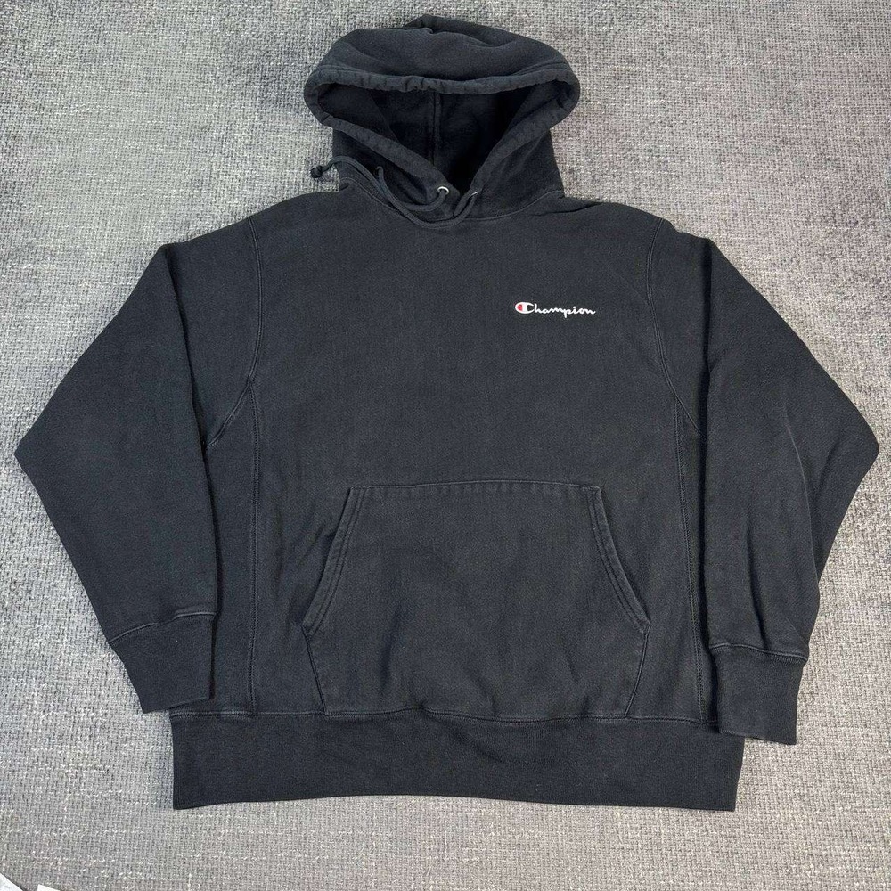 Champion Reverse Weave Hoodie Mens Large Black Pullover Script Logo Streetwear
